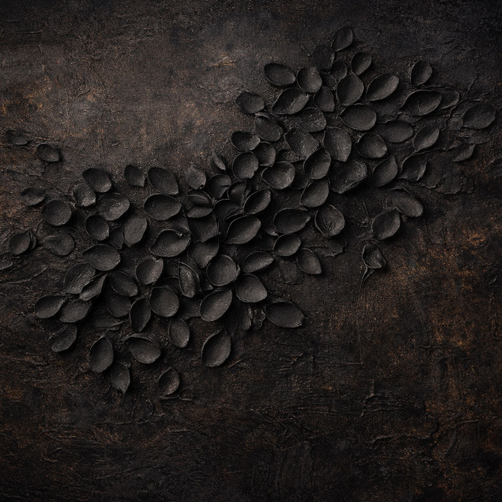 Dark Aesthetic 3D Textured Floral Relief Wall Art with Black Overlapping Petal Sculptures and Aged Worn Brown Earthy Base, Moody Monochrome Botanical Decor for Minimalist Modern Industrial Living Space