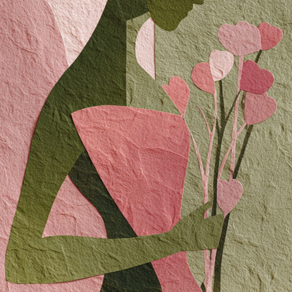 Abstract Minimalist Female Portrait Silhouette with Soft Pink Muted Green Tones, Holding Delicate Heart-Shaped Flower Stems Textured Canvas Print Wall Decor for Modern Home Office Styling