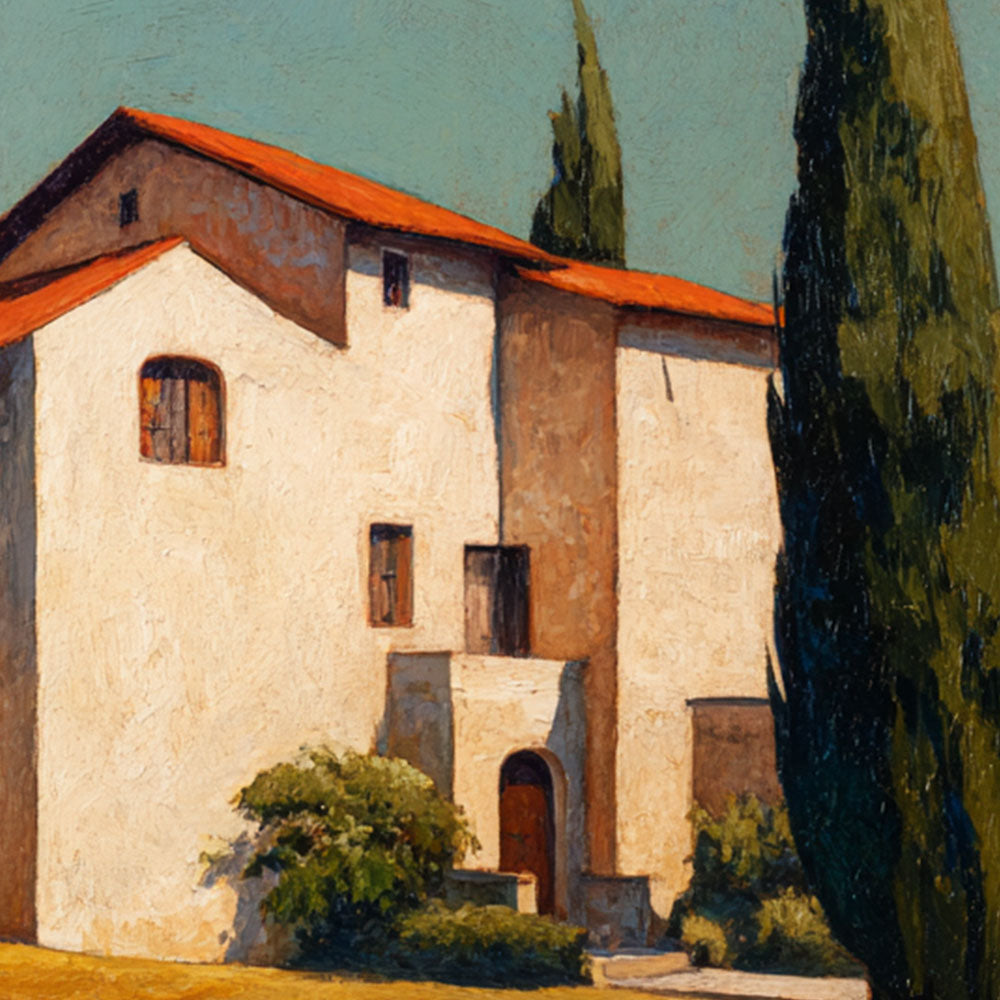 Modern Blue and Beige Tuscan Villa Textured Impasto Painting | Hand-Painted Canvas