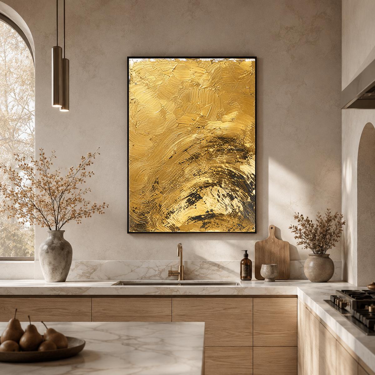 Abstract Gold and Black Textured Acrylic-Style Vertical Wall Art for Living Room