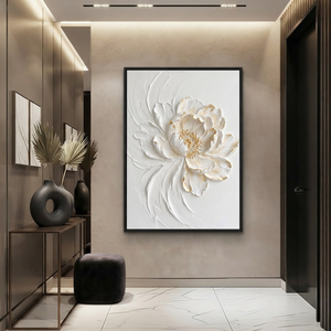 White and Gold Textured 3D Relief Flower Vertical Wall Art for Living Room Bedroom