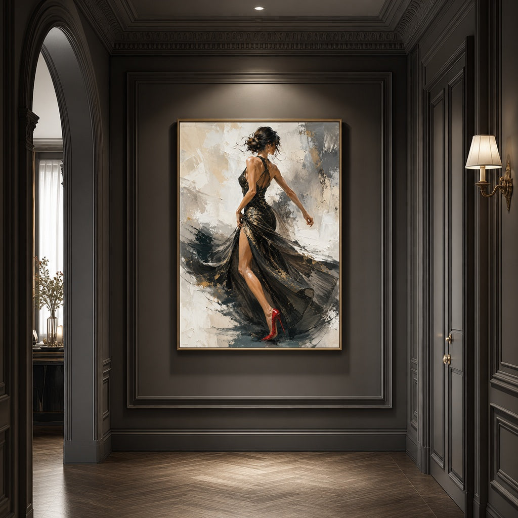 Elegant Female Figure Wall Art, Black Gold Evening Dress Red High Heels, Abstract Textured Background Modern Portrait Artwork, Chic Decor for Living Room Bedroom Dining Room Office Hallway
