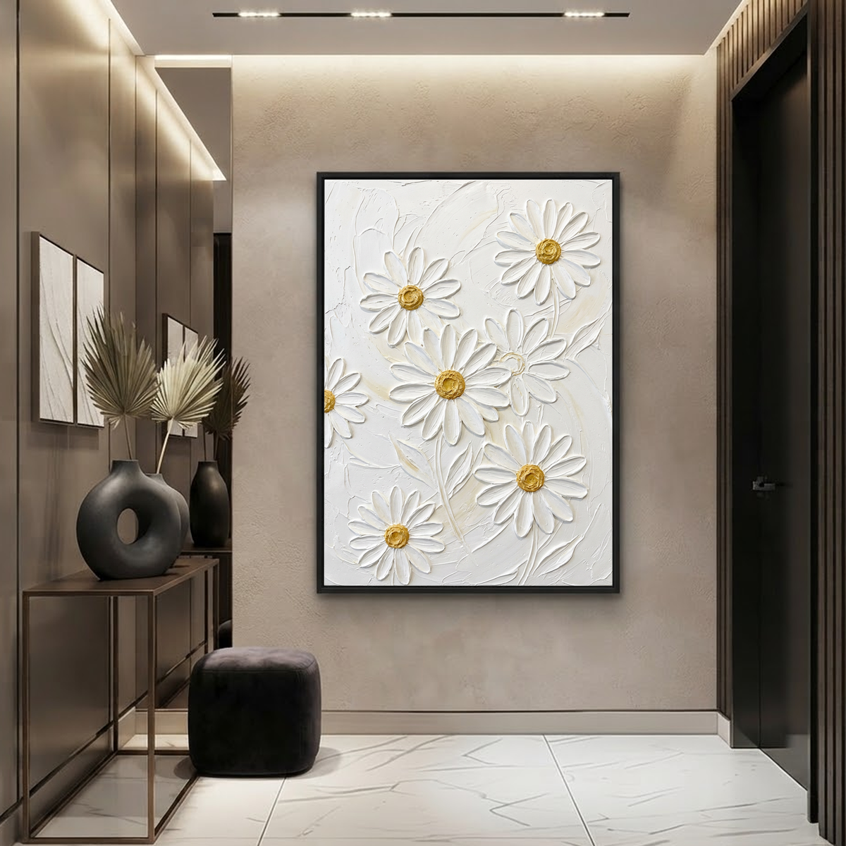White and Gold Flower and Tree Textured Acrylic-Style 3D Relief Vertical Wall Art for Living Room Bedroom