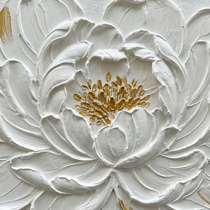 Elegant White Gold 3D Textured Flower Wall Art, Framed Impasto Floral Canvas Artwork for Living Room Bedroom Dining Room Hallway Office Modern Home Decor