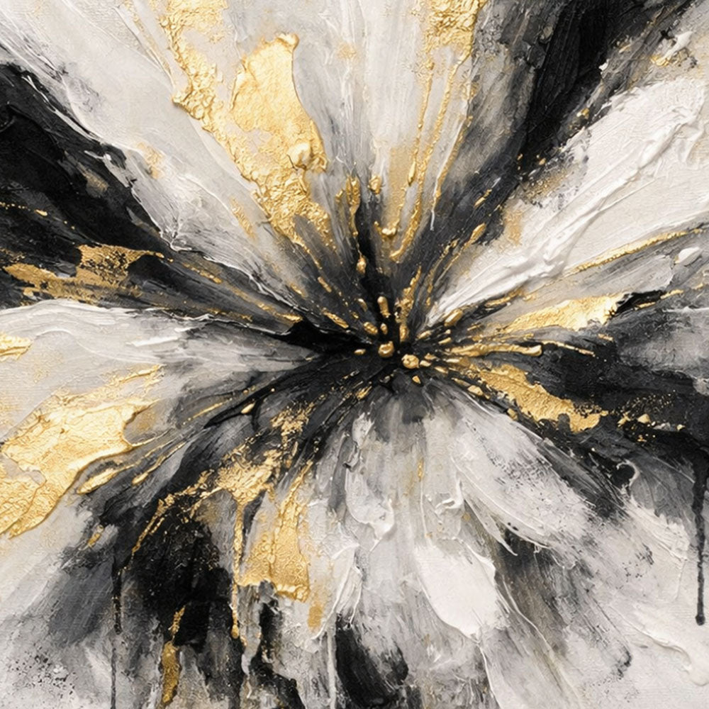 Modern Abstract Black White Gold Impasto Wall Art, Radial Splash Textured Canvas Painting, Thick Knife Brush Marks Framed Artwork for Living Room Bedroom Office Hallway Dining Room, Contemporary Minimalist Home Decor Accent