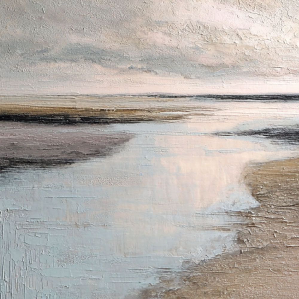 Serene Textured Coastal Horizon Landscape Impasto Wall Art Muted Light Grey Soft Blue Warm Beige Earthy Brown Sand Beach Seaside Calming Ocean Sky Scenery for Modern Living Room Bedroom Office Dining Room Hallway Decor