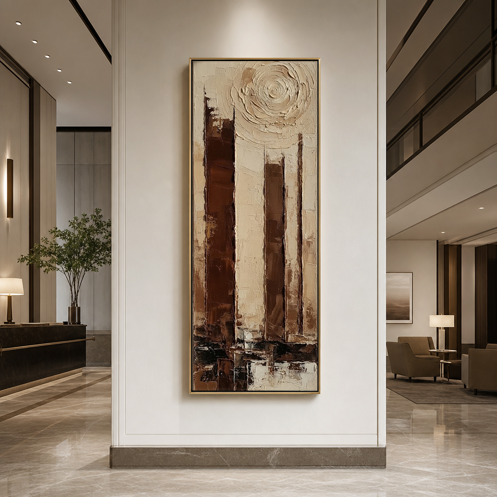 Tall Narrow Abstract Urban Landscape Impasto Wall Art Textured Brown Beige Black White Vertical Framed Artwork for Modern Living Room Office Hallway Bedroom Dining Room