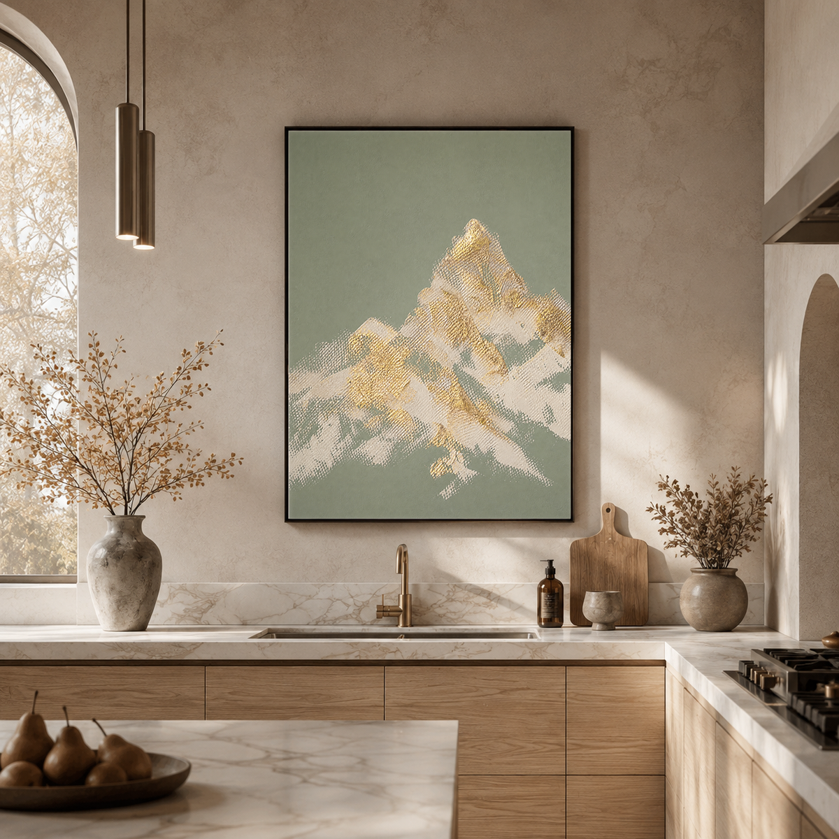 Abstract Textured Sage Green Gold Beige Landscape Vertical Wall Art for Living Room