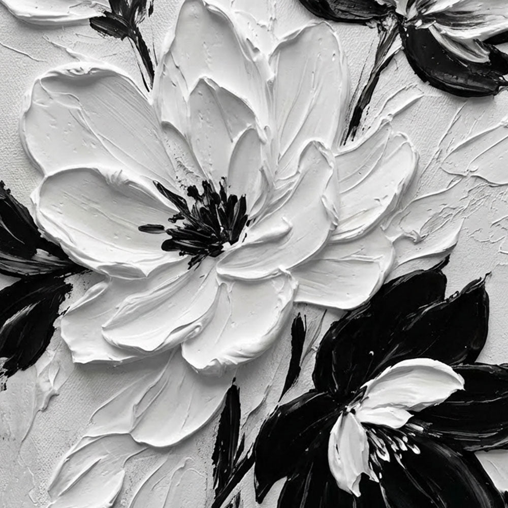 Black and White Textured Floral Wall Art Abstract Thick Paint Impasto Flower Painting Modern 3D Floral Artwork for Living Room Bedroom Dining Room Office Home Decor