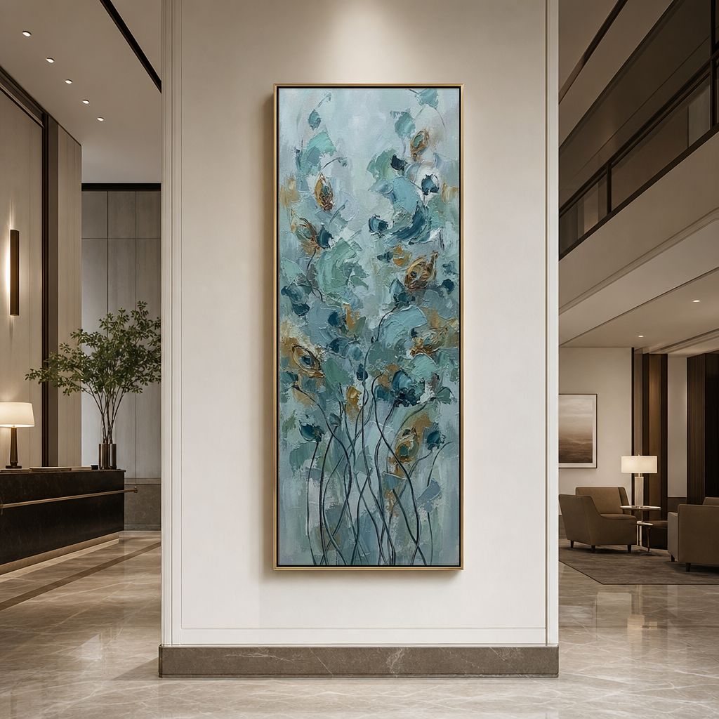 Tall Vertical Abstract Blue Beige Gold Floral Impasto Canvas Wall Art - Soft Muted Botanical Flower and Tree Artwork with Thick Knife Brush Paint Stacking, Minimal Elegant Textured Decor for Living Room Bedroom Office Hallway Dining Room