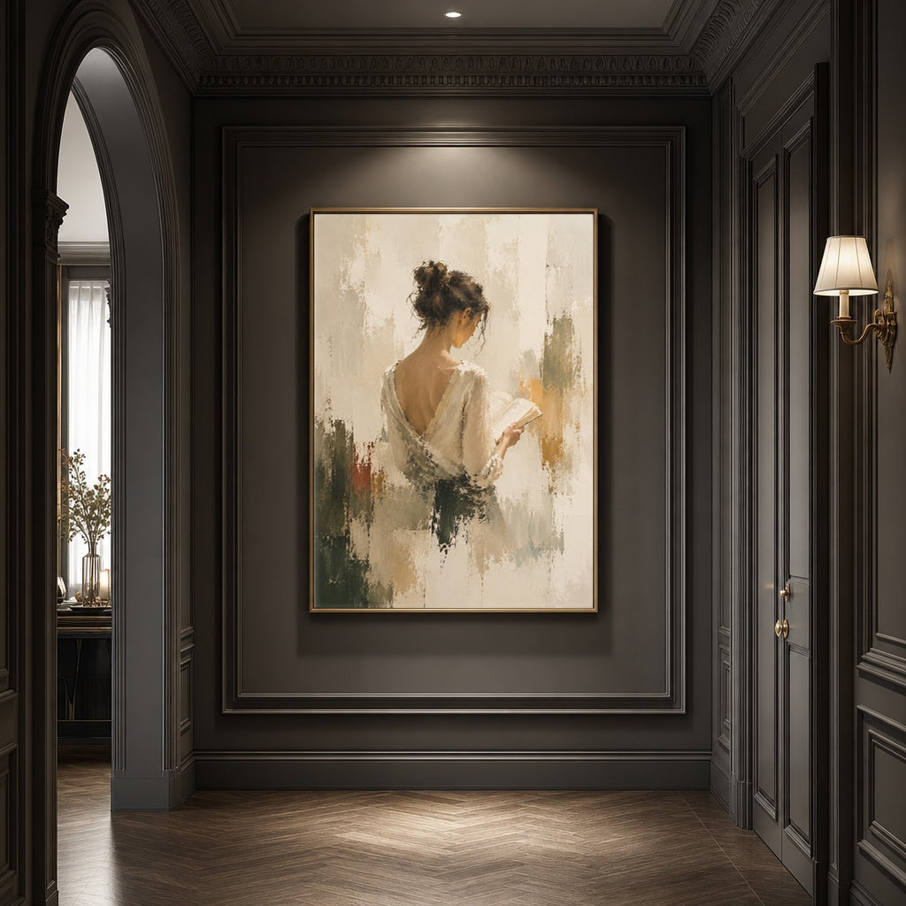 Serene Reader: Abstract Figurative Painting in Warm Tones in a dark, elegant hallway