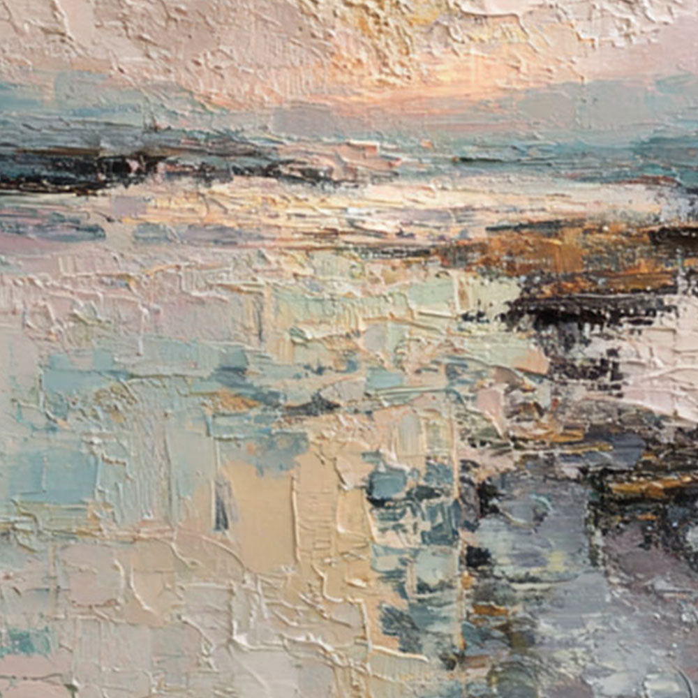 Abstract Ocean Sky Landscape Textured Wall Art, Soft Pink Beige Blue White Impasto Painting for Modern Home Decor, Calm Nature Inspired Artwork for Living Room Bedroom Office