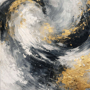 Elegant Modern Abstract Swirling Black White Dark Grey Light Gold Textured Wall Art Thick Paint Knife Marks Contemporary Bold Contrast Artwork for Sophisticated Home and Office Decor