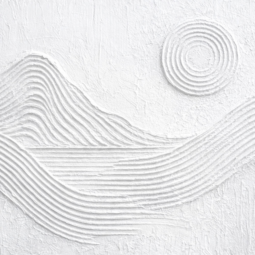 Minimalist White Textured Abstract Mountain Sun Line Landscape Framed Wall Art for Modern Contemporary Home Office Decor