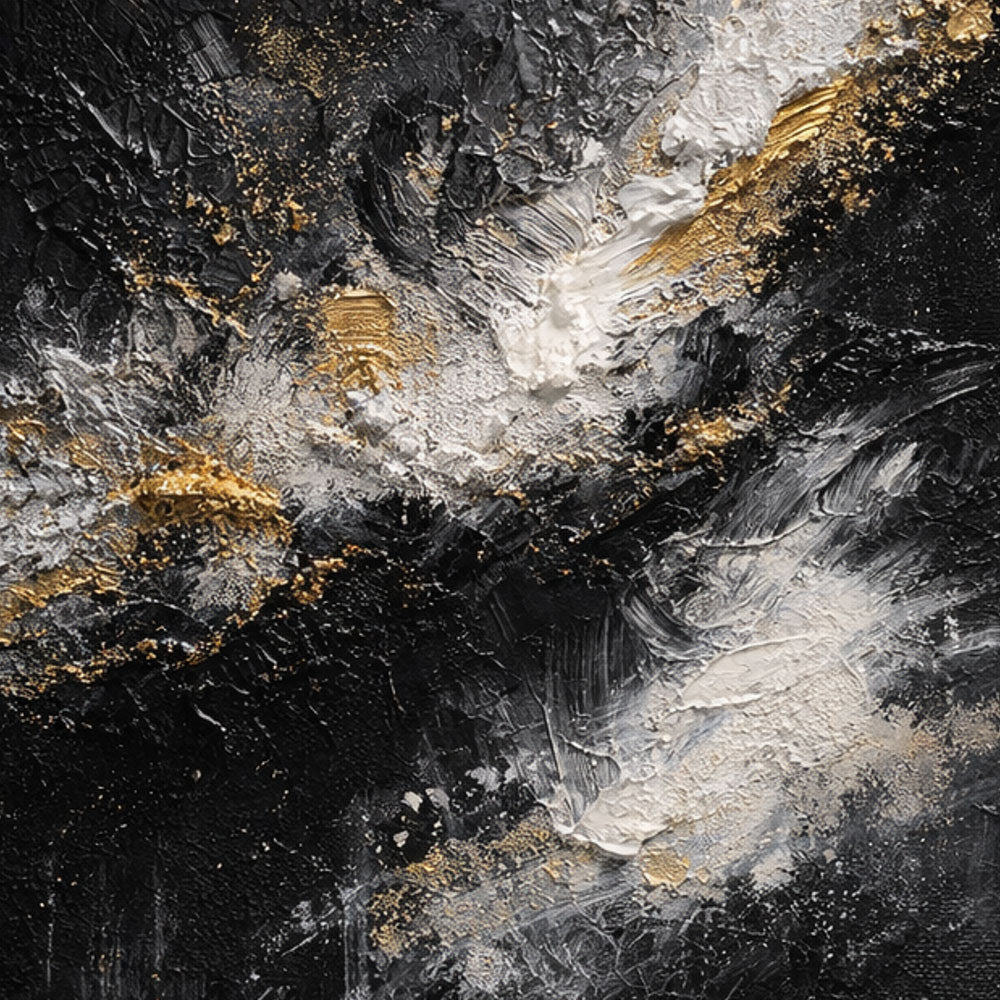 Elegant Black White Gold Abstract Textured Wall Art - Dramatic Contrast Knife Impasto Painting for Modern Minimalist Living Spaces, Office, Bedroom, Dining Room & Hallway Decor
