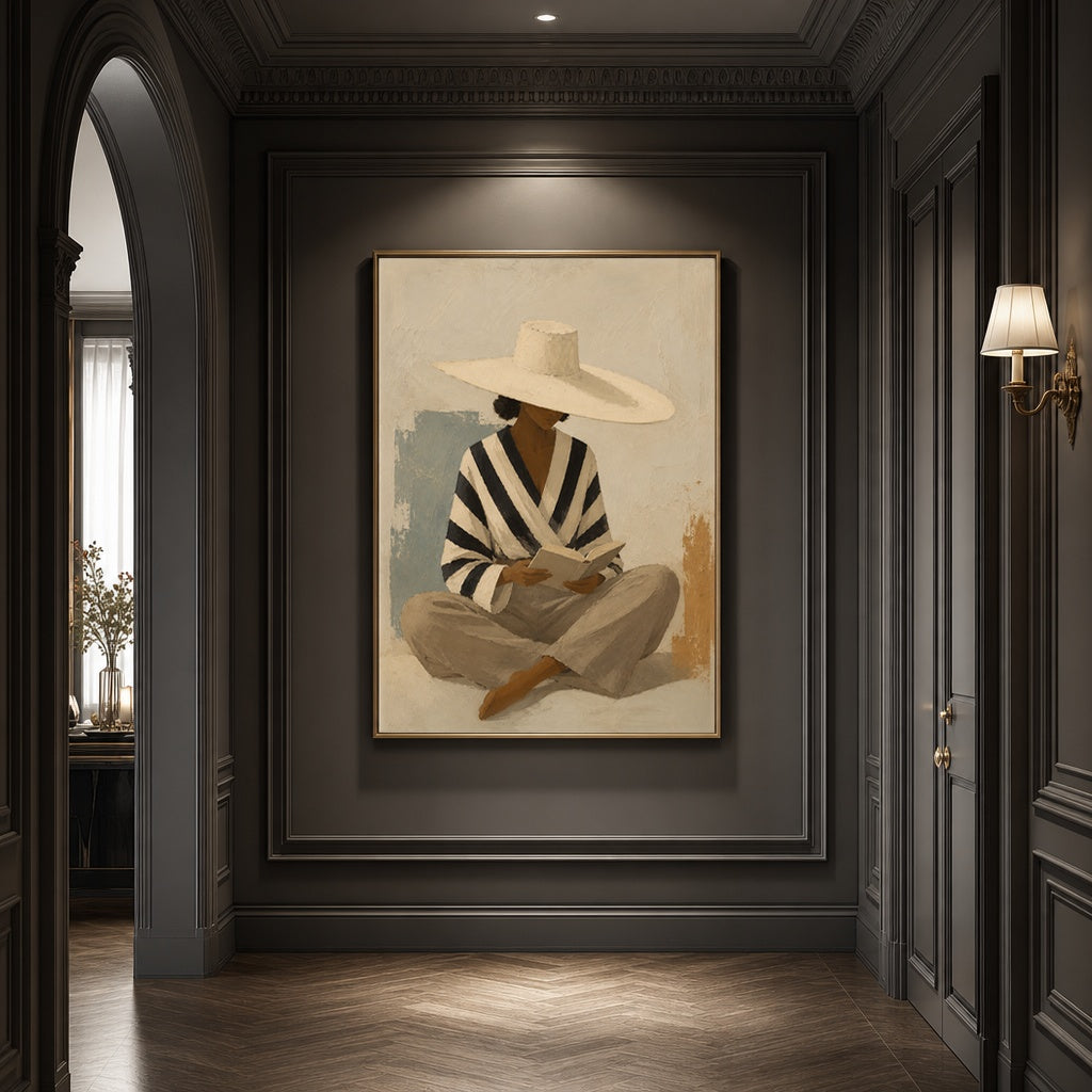 Seated Serenity: Reading Woman with Wide-Brim Hat in a sophisticated dark hallway