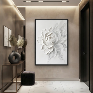 White Flower Textured Contemporary Vertical 3D Relief Wall Art for Living Room Bedroom