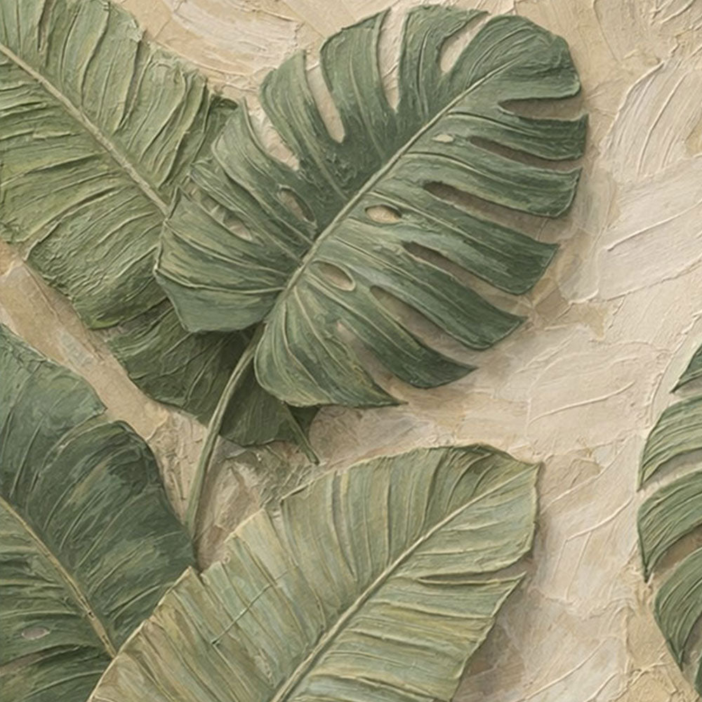 Tropical Green Monstera Banana Leaves Textured Impasto Wall Art for Living Room, Neutral Beige Background Large Botanical Painting, Modern Minimalist Plant Canvas Artwork for Bedroom Dining Room Office Hallway Home Decor