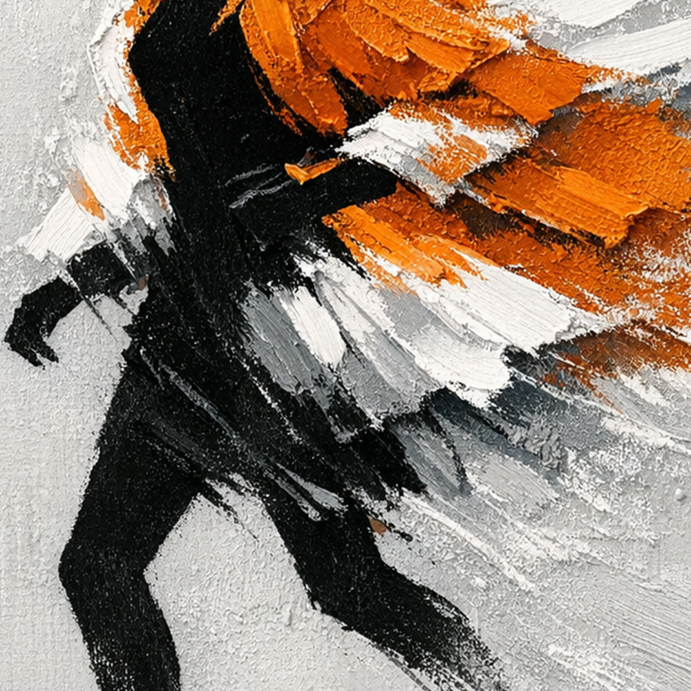 Modern Framed Black Silhouette Woman Portrait Wall Art with Thick Orange White Light Grey Impasto Brush Strokes, Elegant Abstract Textured Painting for Home Decor, Living Room Bedroom Office Accent Piece, Handcrafted 3D-Like Effect