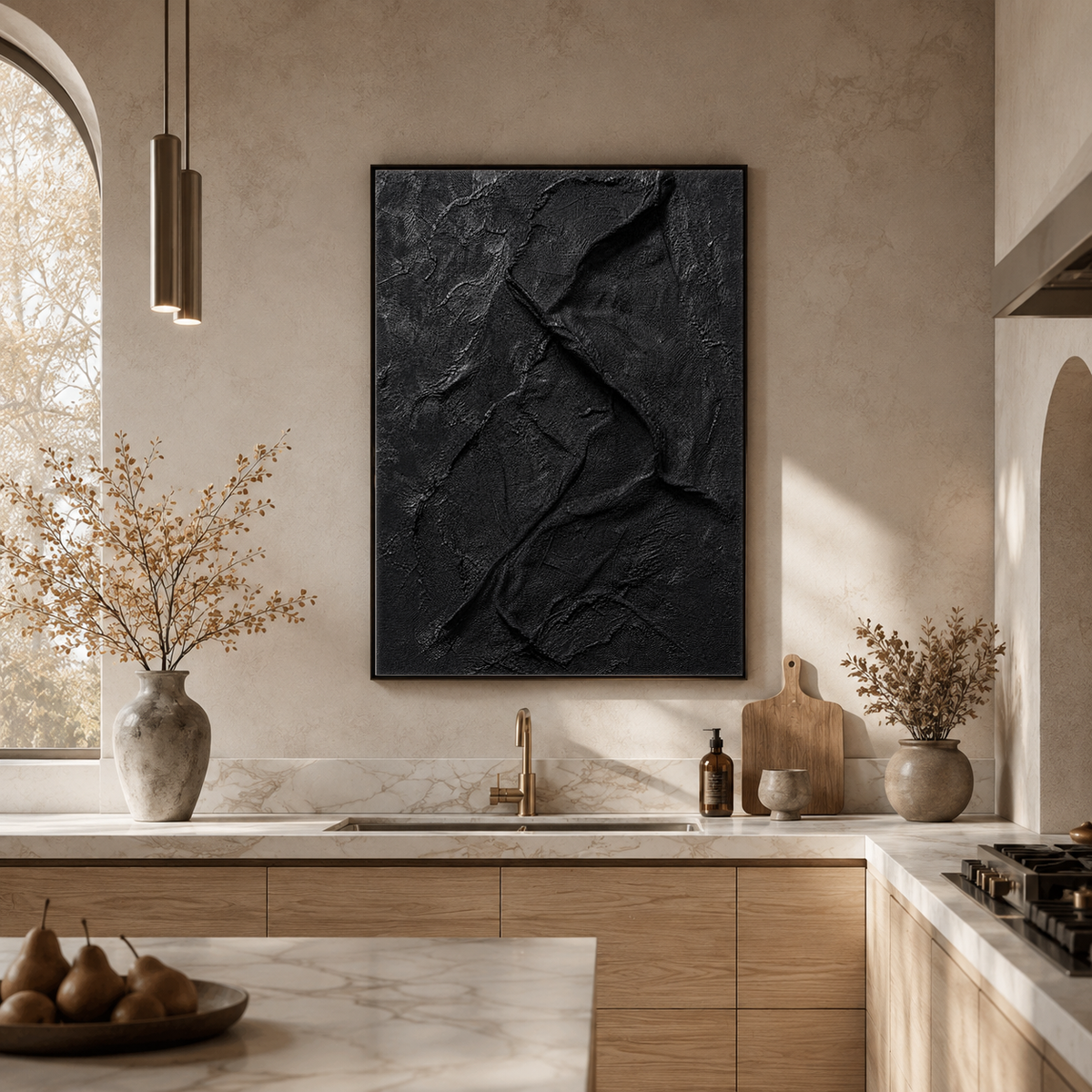 Abstract Black Textured 3D Relief Vertical Wall Art for Living Room