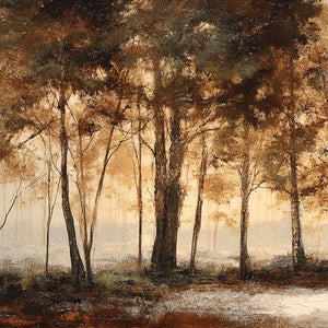 Beige Landscape Wall Art - Misty Forest and Quiet Lake Panoramic Painting