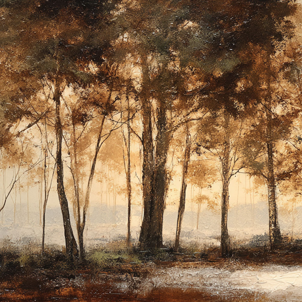 Beige Landscape Wall Art - Misty Forest and Quiet Lake Panoramic Painting