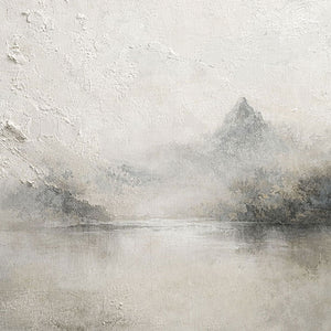 Minimalist Beige Bedroom Canvas Art - Textured Mountain Lake Painting