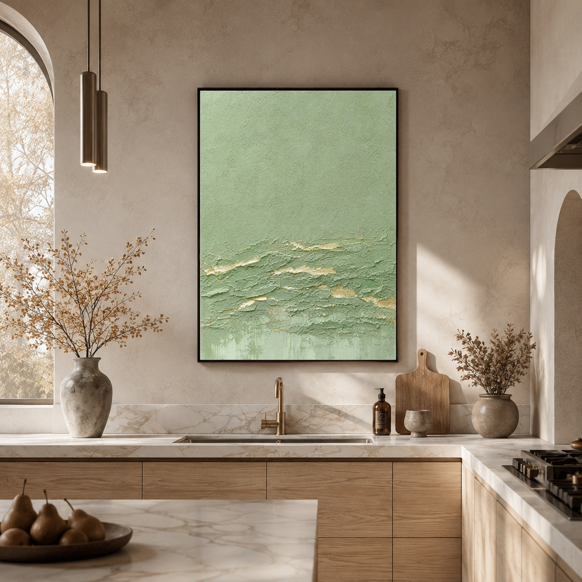 Textured Abstract Sage Green and Gold Plaster Texture Vertical Wall Art for Living Room