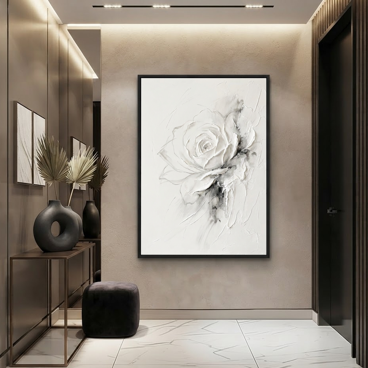 White Gray Abstract Flower Plaster Texture Vertical Wall Art for Bedroom Living Room
