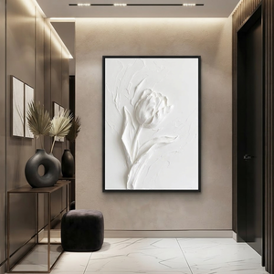 White Minimalist Textured Flower Vertical Wall Art with Plaster Texture for Bedroom and Living Room