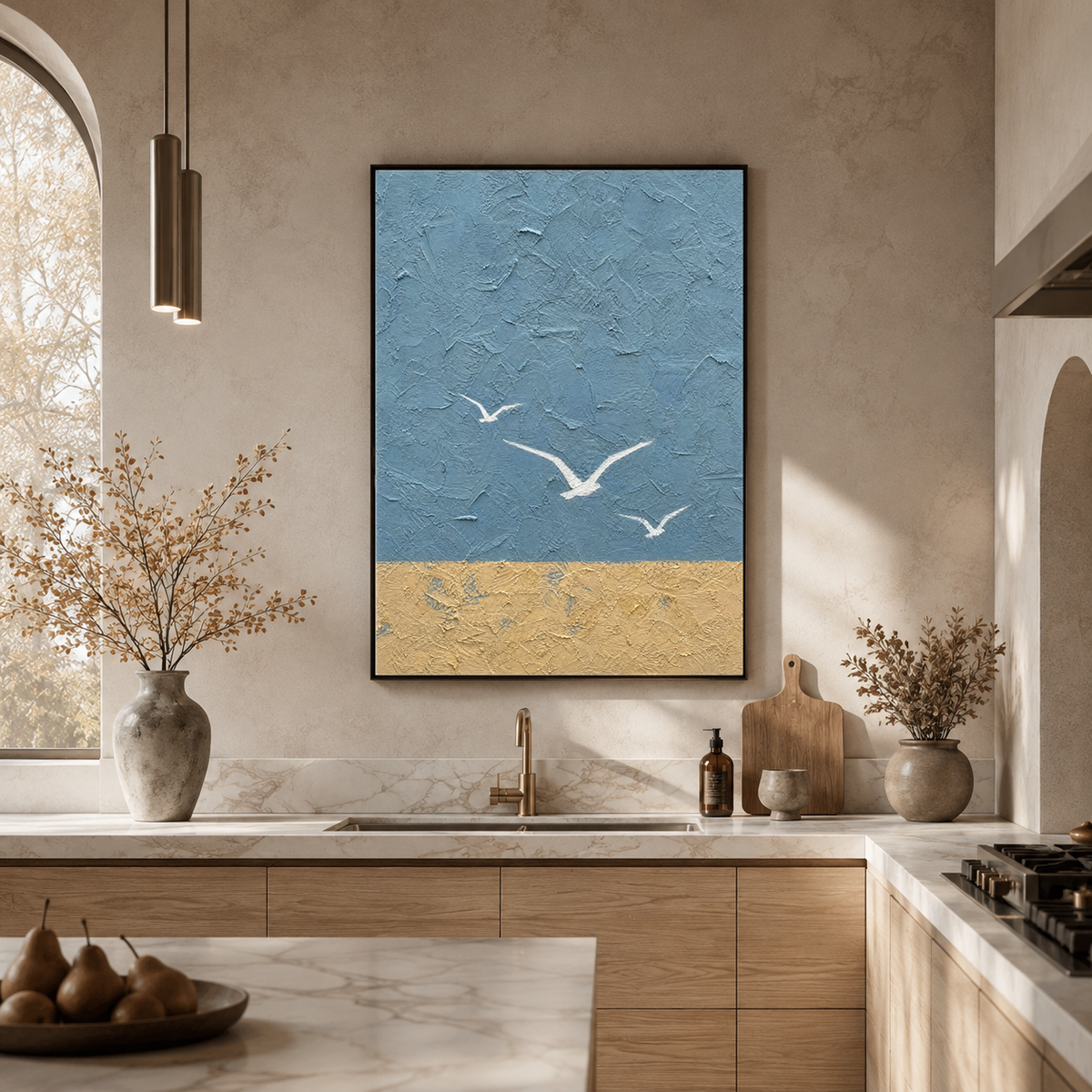 Abstract Blue Beige Vertical Textured Acrylic-Style Ocean And Sky Wall Art For Living Room