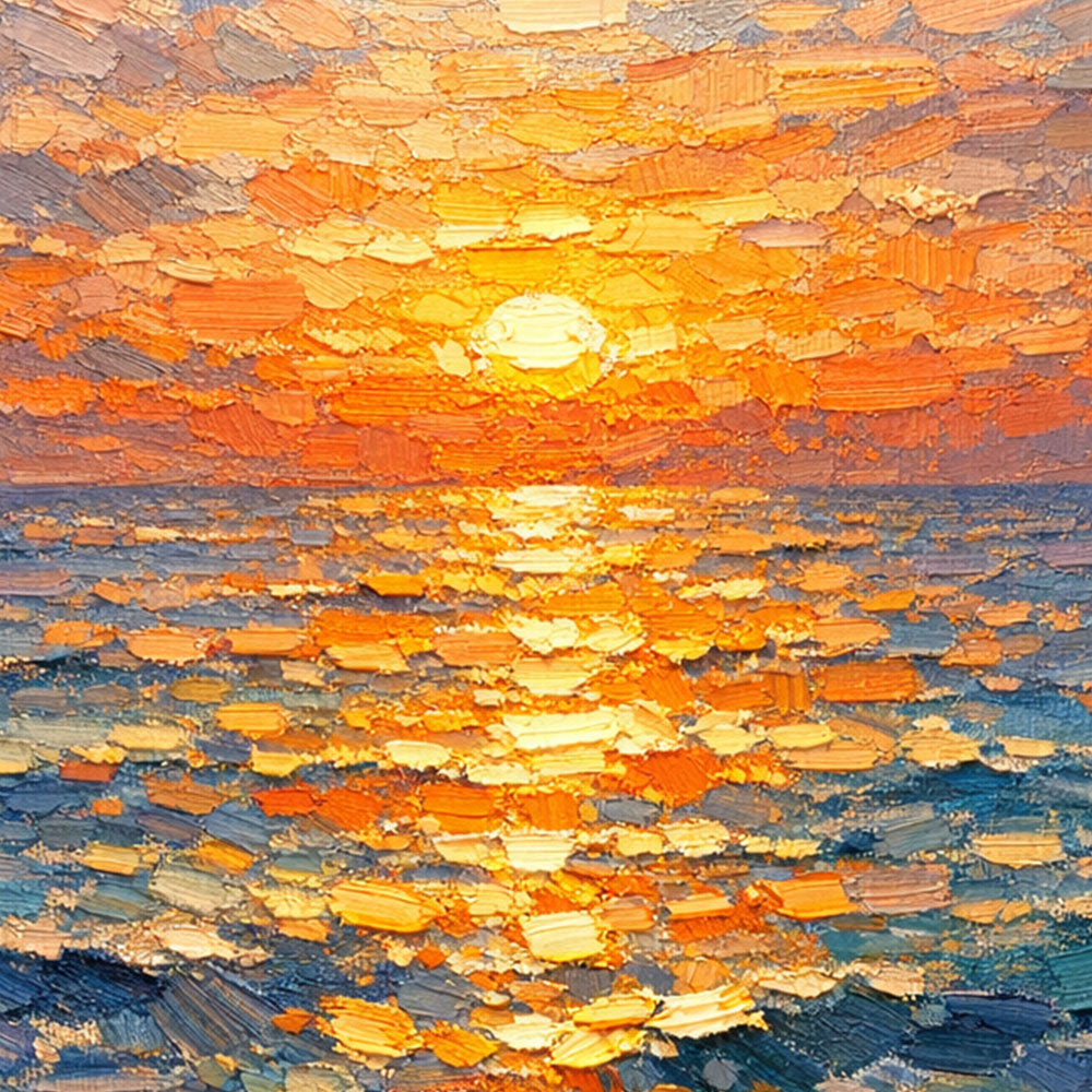 Impasto Ocean Sunset Wall Art Thick Knife Paint Textured Blue Orange Yellow Coastal Nature Artwork Sunset Reflection Sea Wave Vibrant Framed Canvas Painting for Living Room Bedroom Dining Room Office Hallway Home Decor