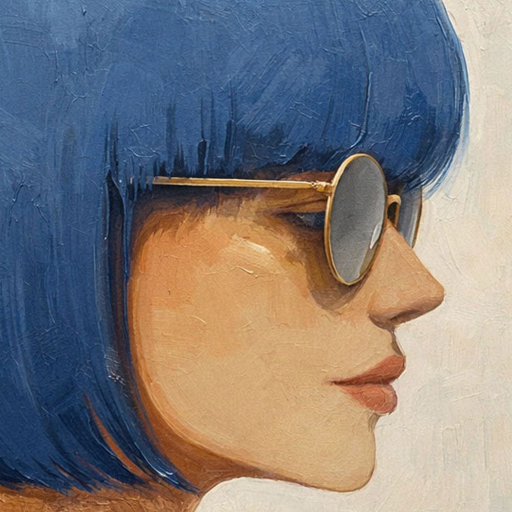 Modern Portrait Woman with Blue Bob Hair Gold Sunglasses Framed Wall Art, Retro Chic Minimalist Female Profile Painting for Home Decor, Vibrant Blue Brown Beige White Artwork