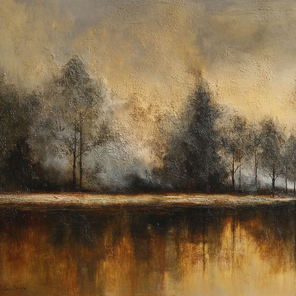 Vintage Landscape Painting of Misty Lake and Trees - Hand-Painted