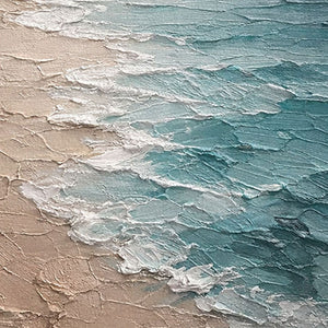 Textured Impasto Coastal Beach Scene Wall Art, Blue Ocean White Waves Beige Sand Light Grey Sky Framed Canvas Artwork, Minimalist Nature Inspired Decor for Living Room Bedroom Office Hallway Dining Room