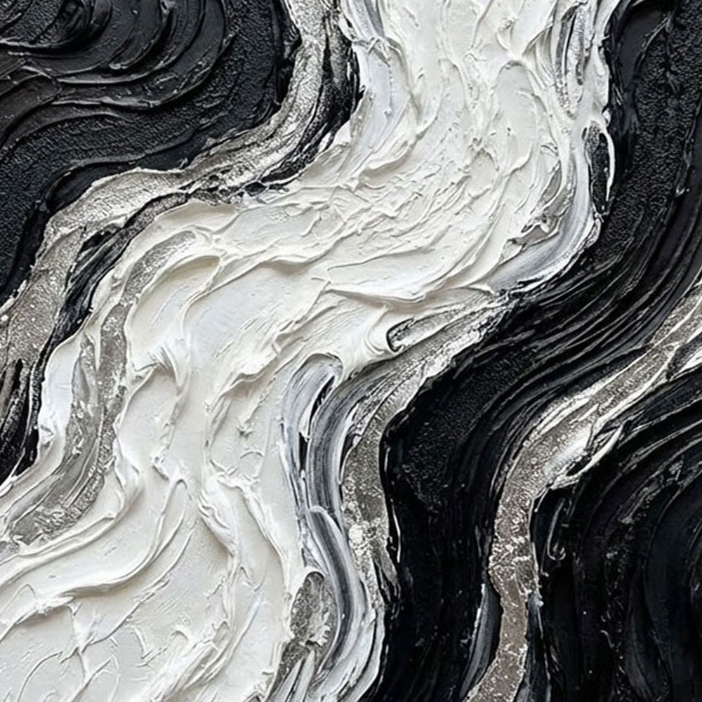 Black and White Abstract Curved Wave Impasto Wall Art Modern Thick Textured Knife Brush Stroked Painting Monochrome Flow Artwork Large Bold Minimalist Decor for Living Room Bedroom Office Dining Room Hallway