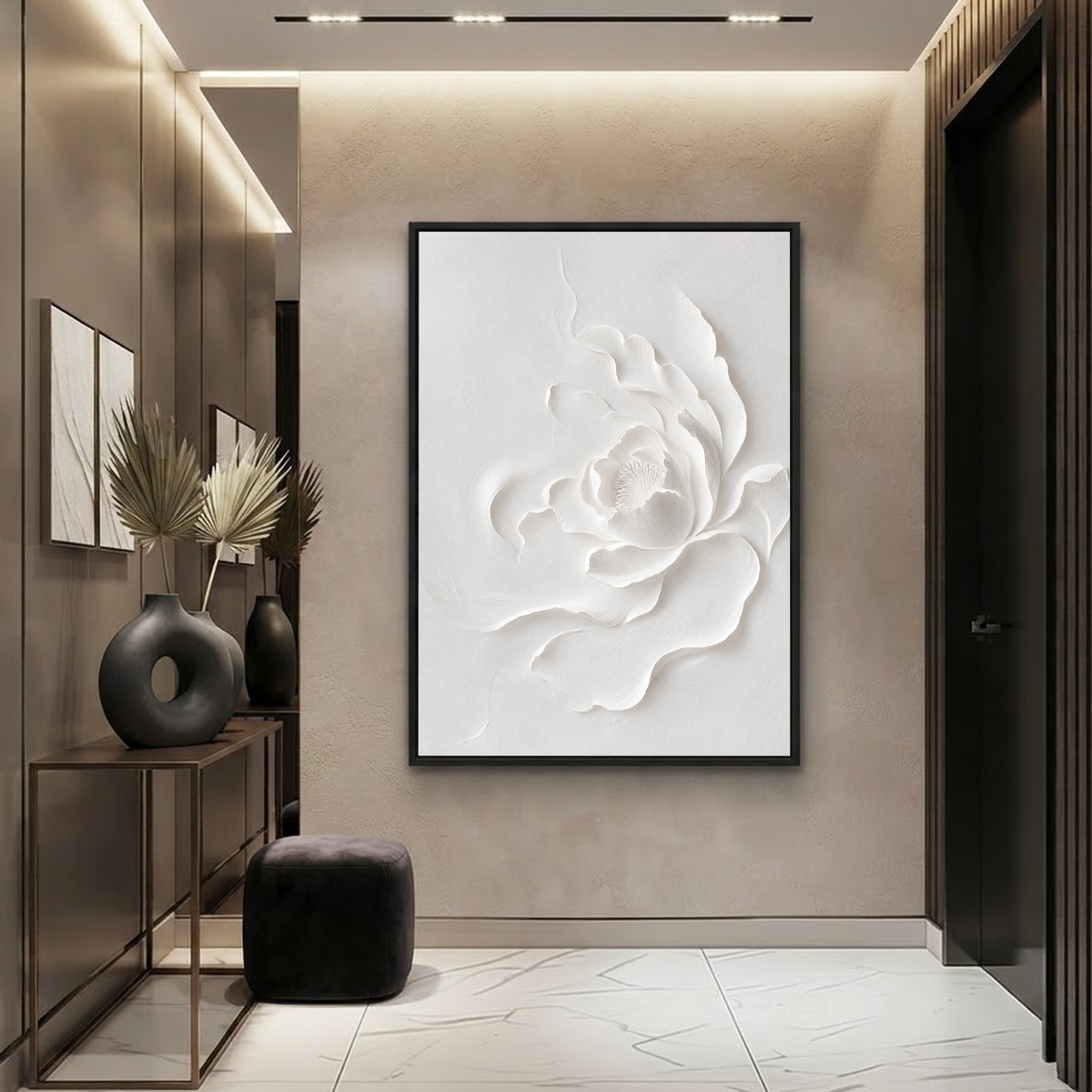 White 3D Relief Textured Abstract Flower Vertical Wall Art for Bedroom or Living Room