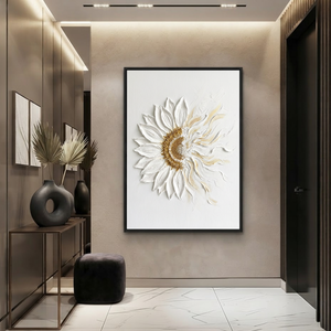 White and Gold Textured 3D Relief Flower Vertical Wall Art for Living Room or Bedroom