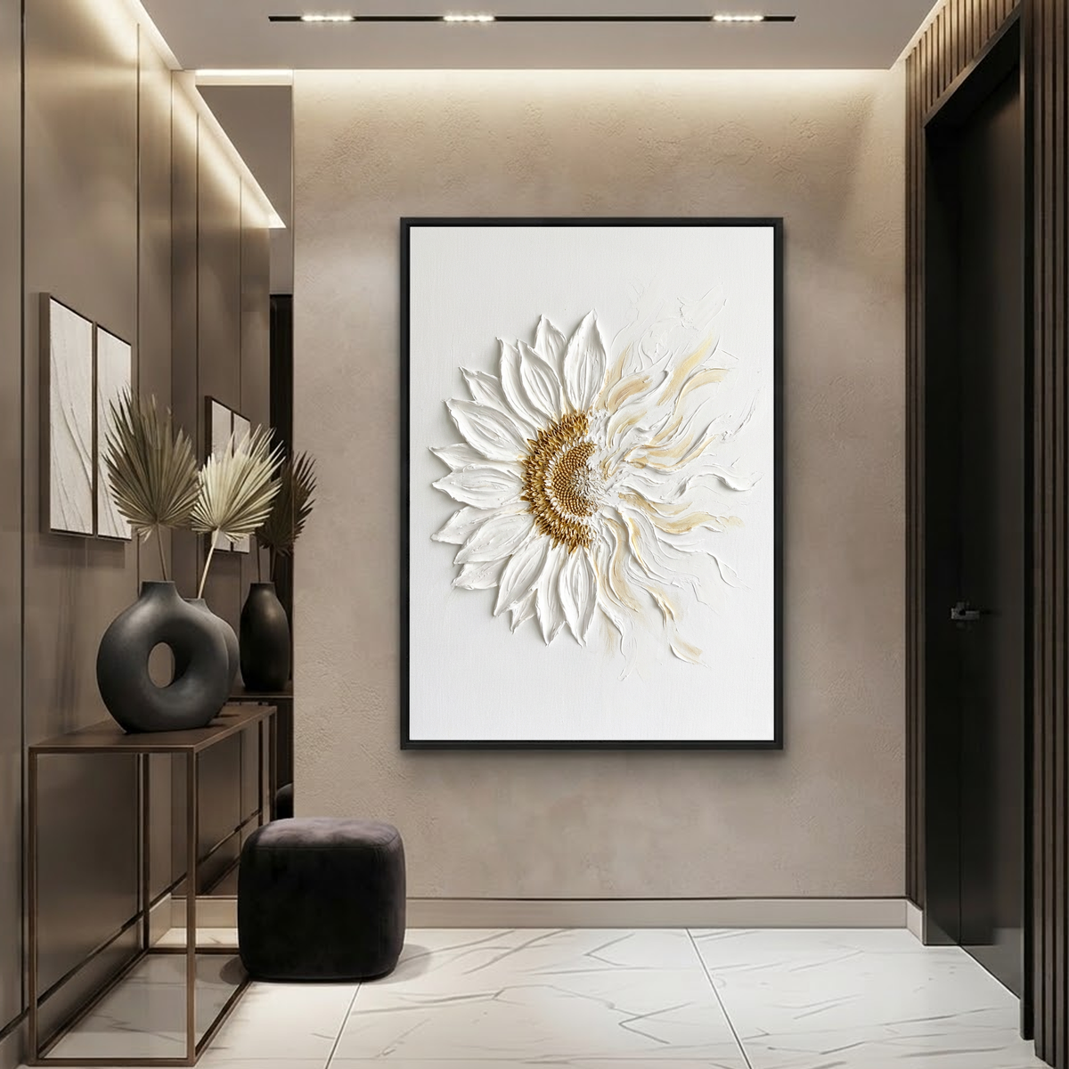 White and Gold Textured 3D Relief Flower Vertical Wall Art for Living Room or Bedroom