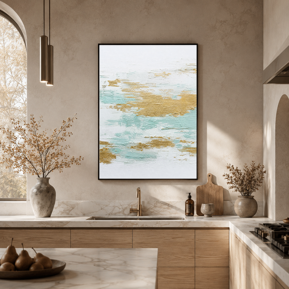 Textured Abstract White Gold Light Teal Vertical Acrylic-Style Wall Art for Living Room