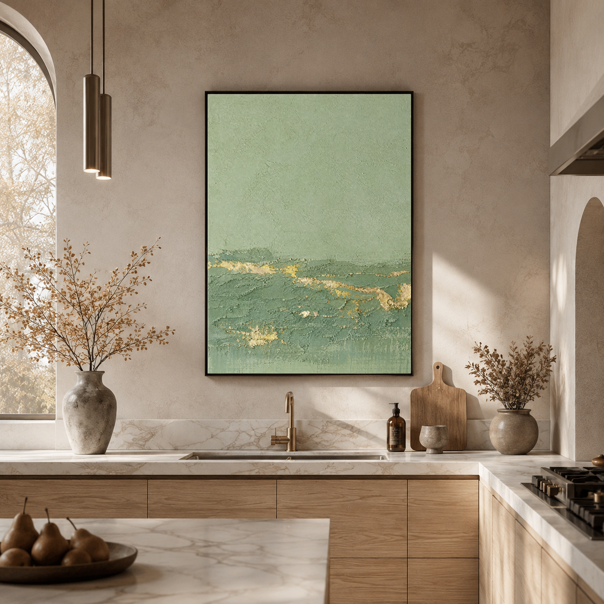 Textured Abstract Sage Green And Gold Vertical Acrylic-Style Wall Art For Living Room