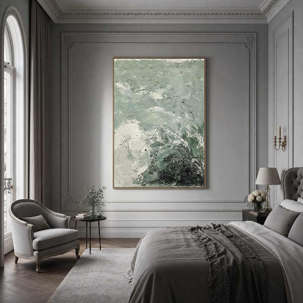 Abstract Textured Sage Green, Black, And Off-White Acrylic-Style Vertical Wall Art for Dining Room or Living Room