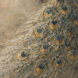 Vintage Elegant Peacock Textured Impasto Oil Painting, Muted Beige Blue Brown Green Peacock Feather Animal Wall Art for Living Room, Office, Bedroom, Dining Room, Hallway