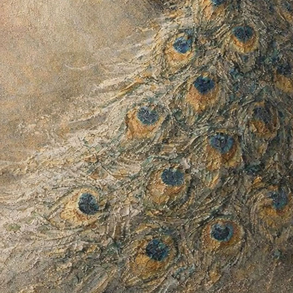Vintage Elegant Peacock Textured Impasto Oil Painting, Muted Beige Blue Brown Green Peacock Feather Animal Wall Art for Living Room, Office, Bedroom, Dining Room, Hallway