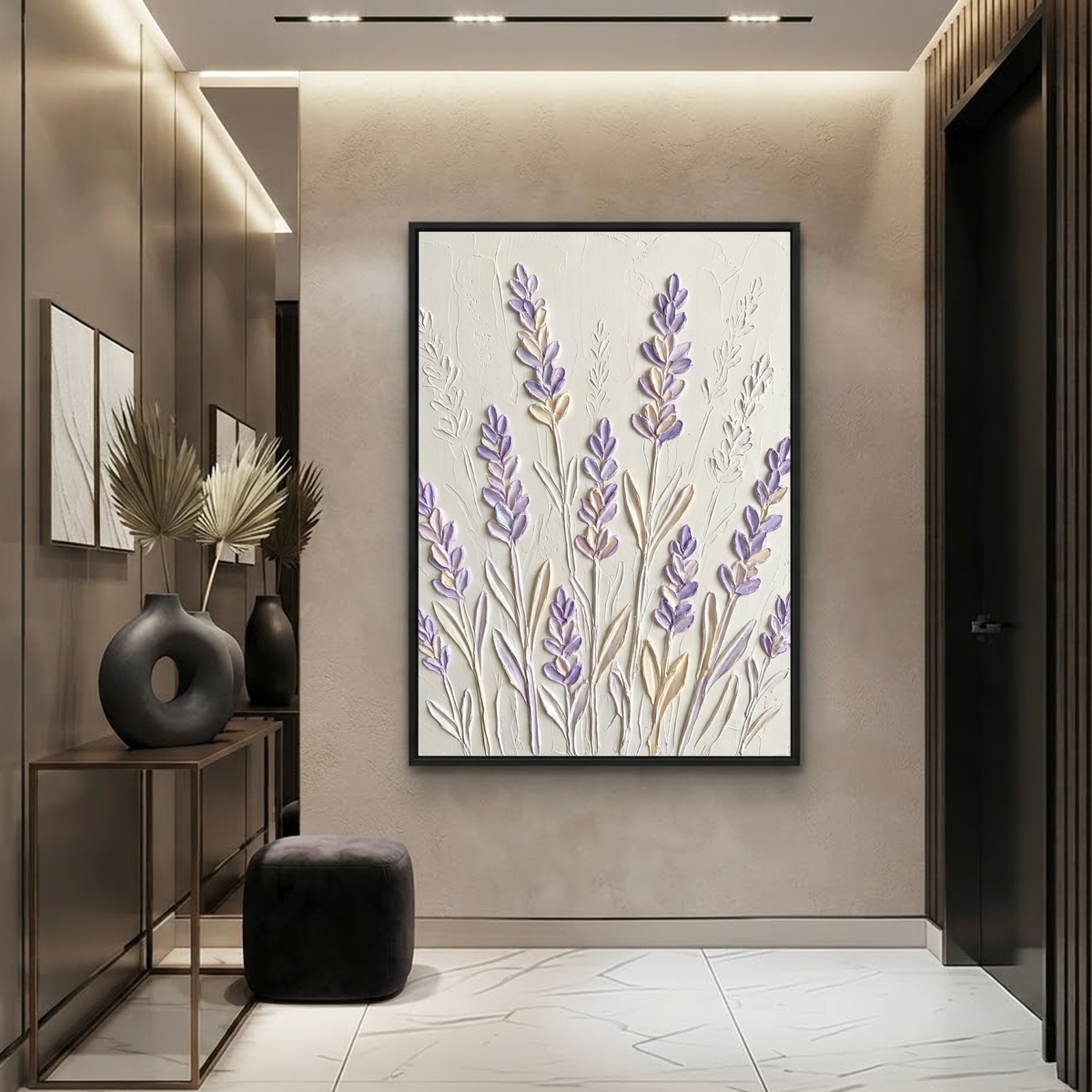 Textured Lavender Flower Vertical Wall Art, Soft Purple Beige off White Acrylic-style 3D Relief, Bedroom Living Room Decor
