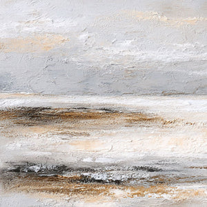 Abstract Neutral Toned Textured Seascape Impasto Wall Art, Large Panoramic Soft Grey White Beige Brown Coastal Canvas Artwork, Modern Minimalist Living Room Bedroom Decor, Framed Horizontal Painting