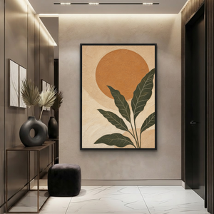 Boho Botanical Wall Art Minimalist Nature-Inspired Leaf Sun Landscape Modern Framed Canvas Painting, Thick Textured Earthy Green Brown Beige Artwork for Living Room Bedroom Office Dining Room Hallway