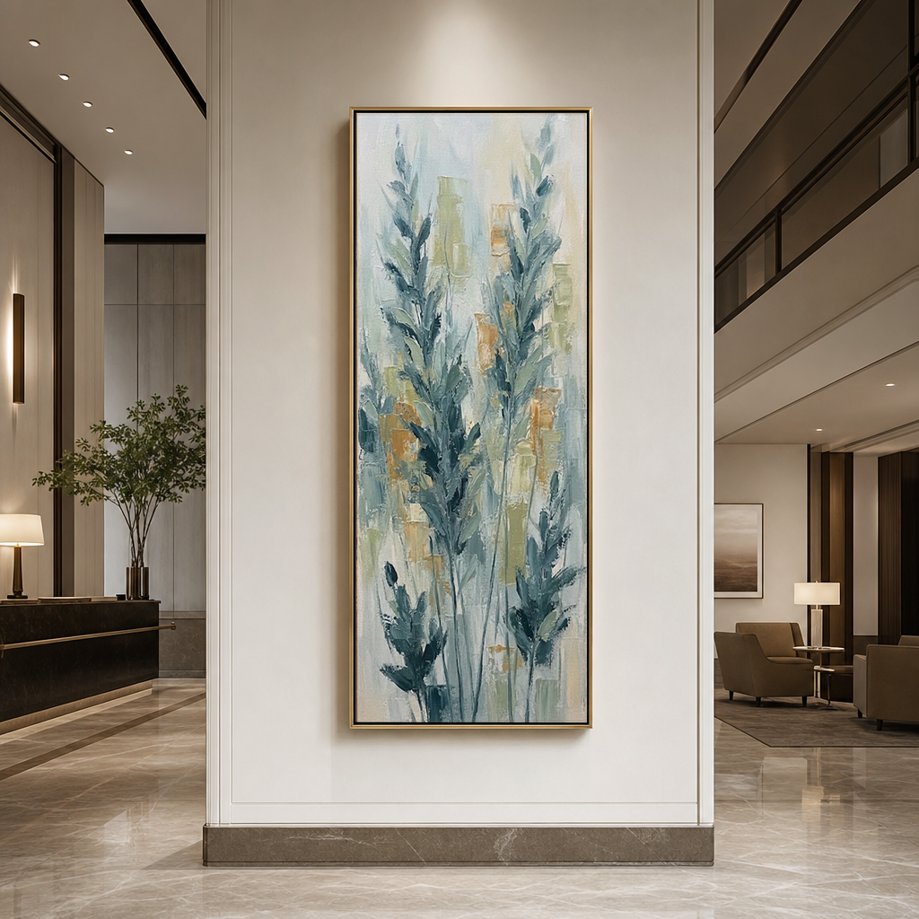 Narrow Vertical Framed Teal Blue Wheat Stalks Impasto Textured Wall Art with Beige White Gold Background for Modern Farmhouse Coastal Minimalist Living Spaces Hallway Bedroom Dining Room Office