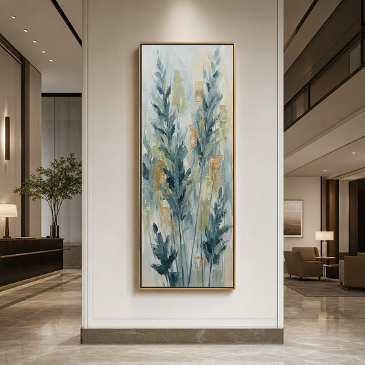 Abstract Teal Wheat Impasto in a modern hotel lobby or hallway