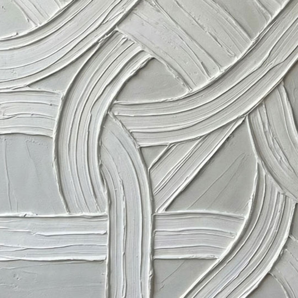 Modern Minimalist Abstract White and Medium Grey Curved & Straight Line Textured Relief Wall Art for Contemporary Home & Office Decor